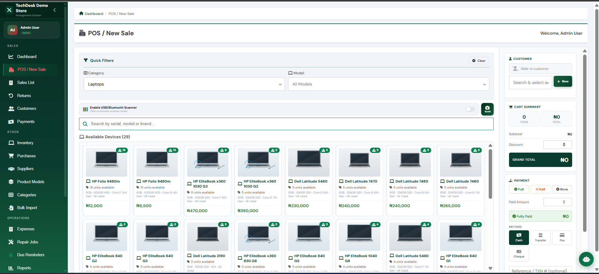 TechDesk POS screen for a new sale, showing available devices, cart summary and payment method