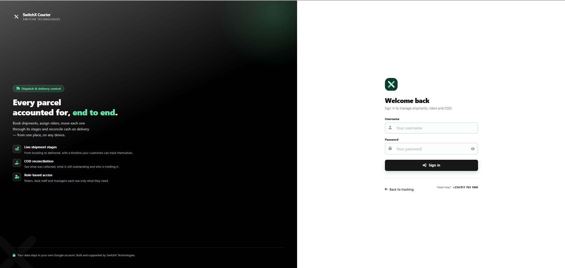 SwitchX Courier admin sign-in screen, showing live shipment stages, COD reconciliation and role-based access features