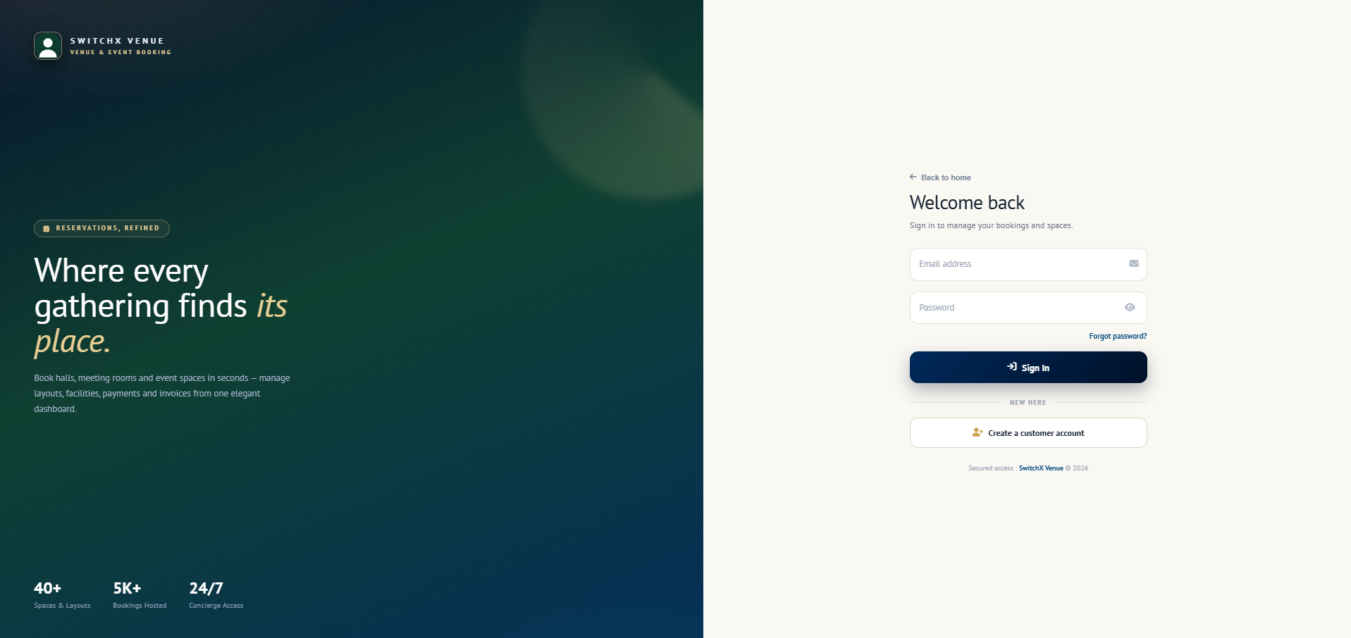 SwitchX Venue sign-in screen for managing bookings and spaces